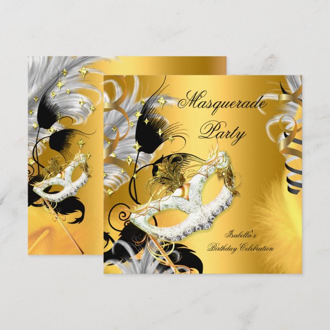 Invitation Masque de Fête d'Anniversaire Thème Bal Masqué Noi (Devant / Derrière)