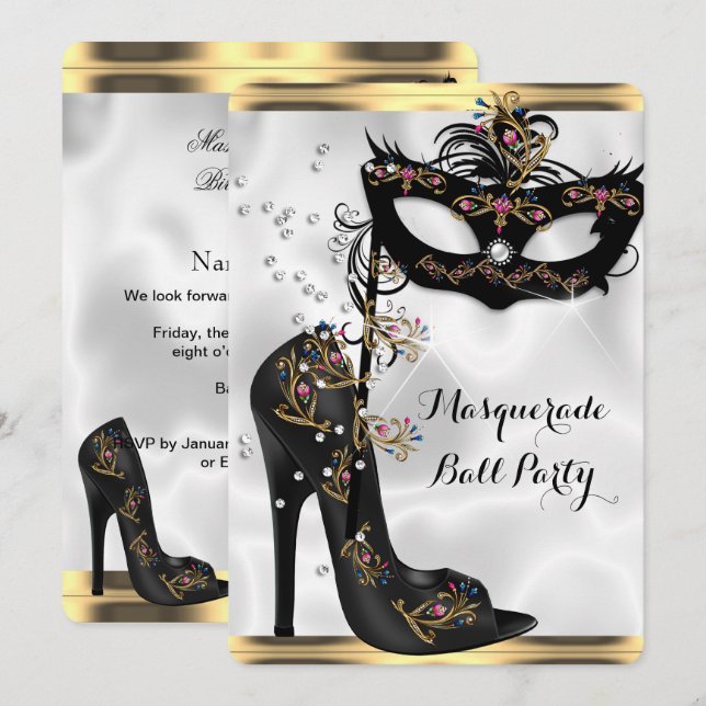 Invitation Masque de fête de bal masqué or noir blanc bijou (Devant / Derrière)