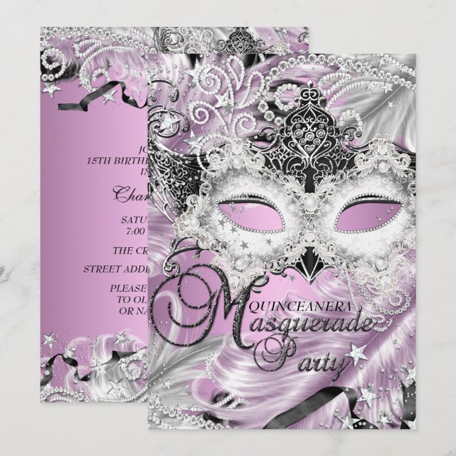 Invitation Masque de Fête des Quinze Ans Silver Lilac Sparkle (Devant / Derrière)