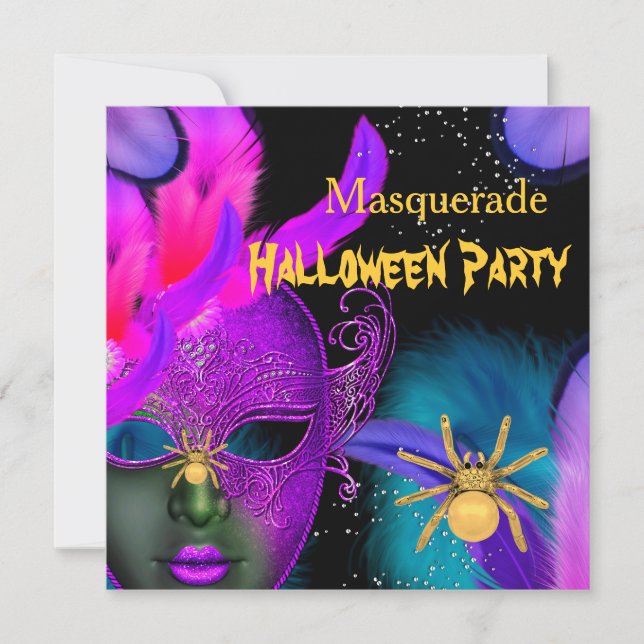 Invitation Masque de fête d'Halloween rose et sarcelle araign (Devant)