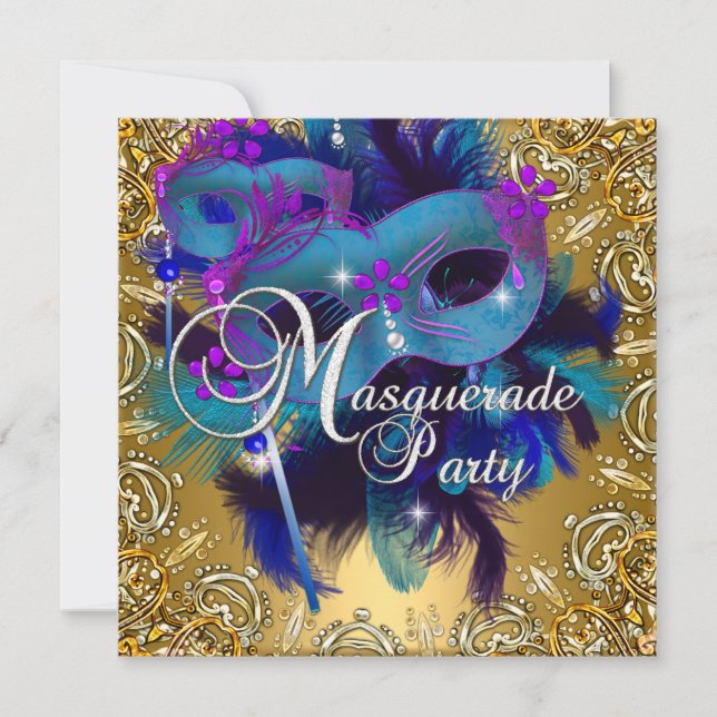Invitation Masque de Fête Mascarade Bleu Or Violet (Devant)