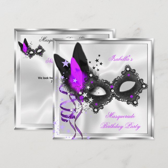 Invitation Masque de Fête Mascarade Paillettes Violet Argent  (Devant / Derrière)