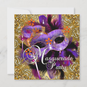 Invitation Masque de Fête Mascarade Violet Orange Or Argent