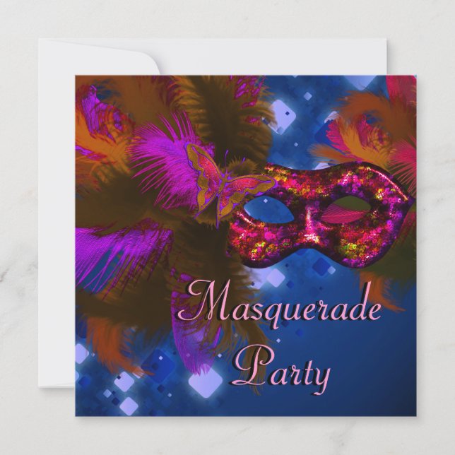 Invitation Masque de Fête Masquée Noir Violet Rouge Mardi Gra (Devant)