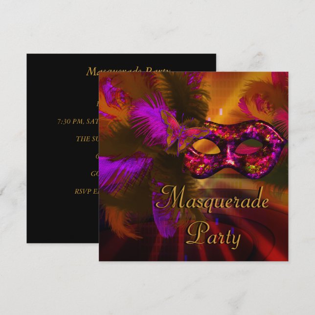 Invitation Masque de Fête Masquée Noir Violet Rouge Mardi Gra (Devant / Derrière)