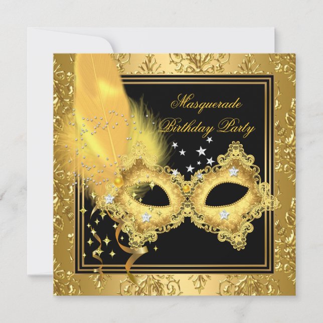 Invitation Masque de Fête Masquée Or Damassé Noir Jaune 2 (Devant)
