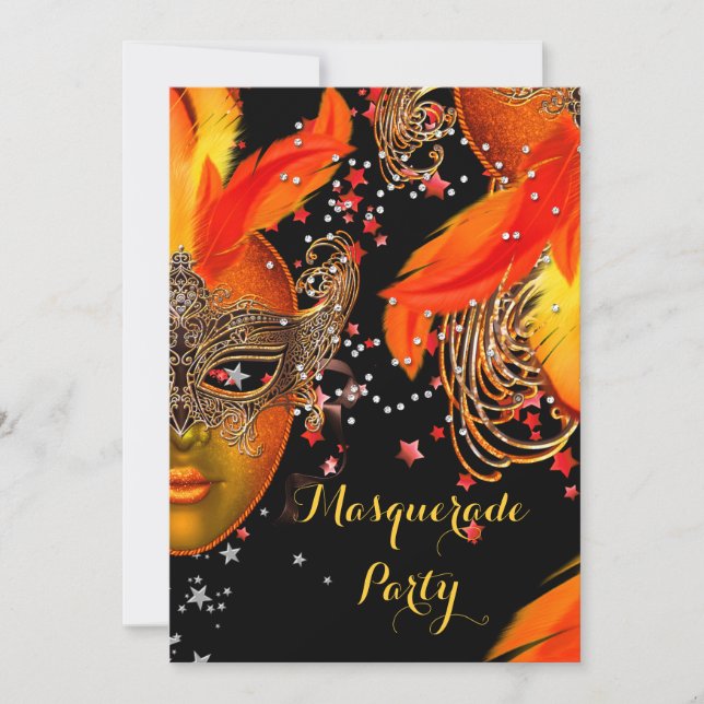 Invitation Masque de Fête Masquée Or Jaune Orange Noir (Devant)