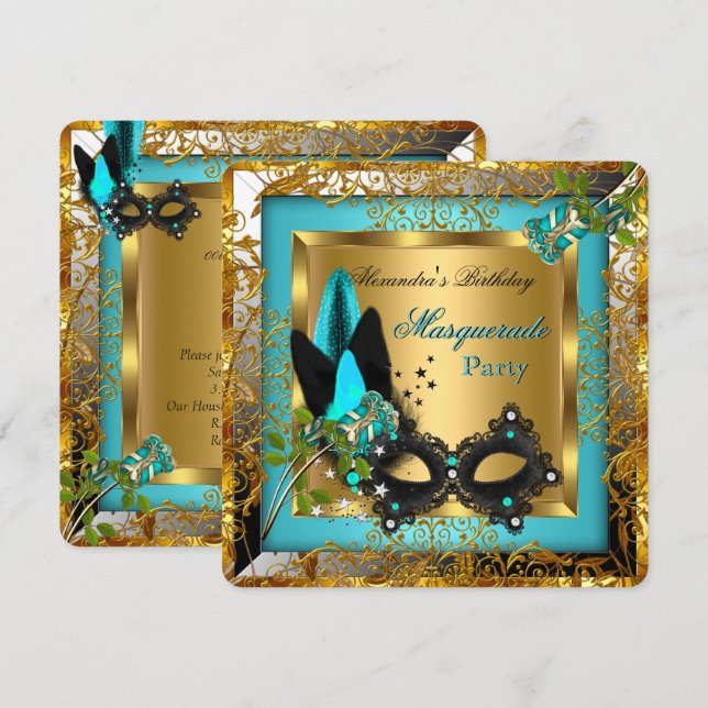 Invitation Masque de Fête Masquée Or Sarcelle Noir Rose R2 (Devant / Derrière)