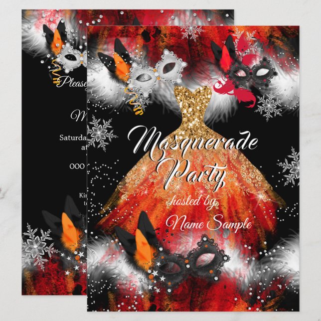 Invitation Masque de fête masquée Rouge Orange Masques Ice Fi (Devant / Derrière)