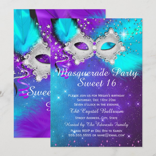 Invitation Masque de Fête "Sweet 16" Turquoise Violet Argent  (Devant / Derrière)