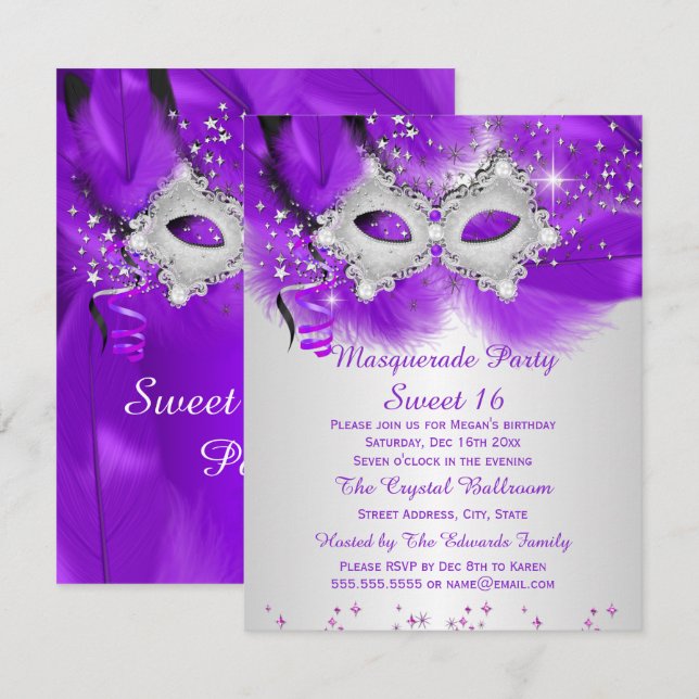 Invitation Masque de Fête "Sweet 16" Violet Argent Mascarade (Devant / Derrière)