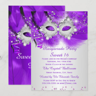 Invitation Masque de Fête "Sweet 16" Violet Argent Mascarade