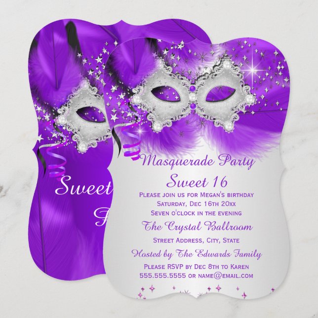 Invitation Masque de Fête "Sweet 16" Violet Argent Mascarade (Devant / Derrière)