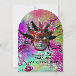 Invitation MASQUE DE JESTER ROUGE NOIR, Fête Mascarade violet