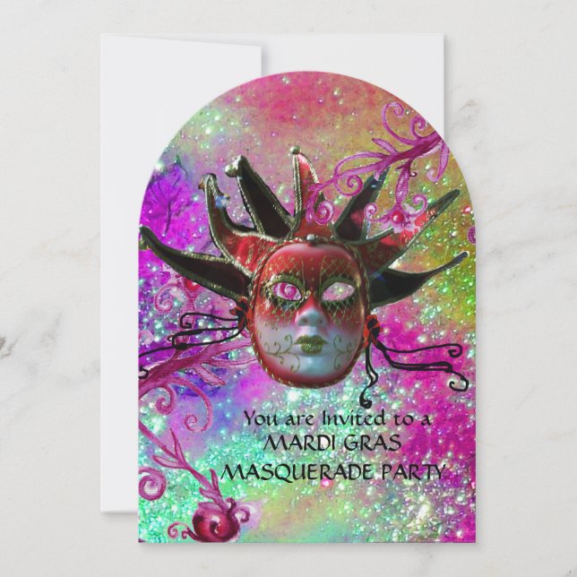 Invitation MASQUE DE JESTER ROUGE NOIR, Fête Mascarade violet (Devant)