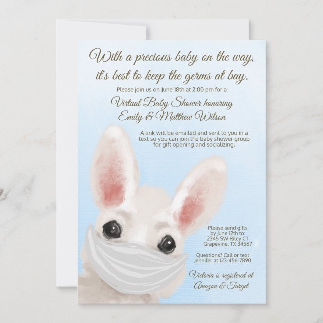Invitation Masque de Lapin Bébé Garçon Fête Prénatale En Lign (Devant)