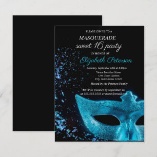 Invitation Masque de luxe bleu Mascarade Noir Douze ans sucré