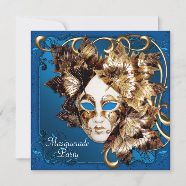 Invitation Masque de Mardi Gras Bleu Or Soirée Mascarade (Devant)