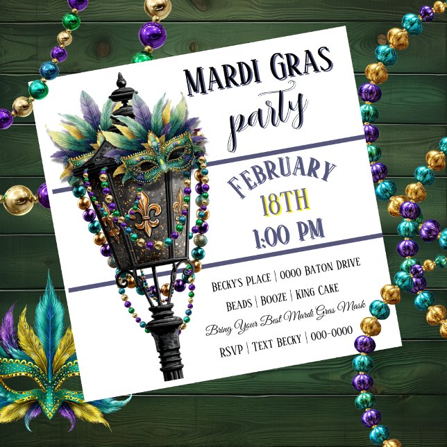 Invitation Masque de Mardi Gras et lampe à gaz avec perles (Customize the front and back of this Mardi Gras Party Invitation )