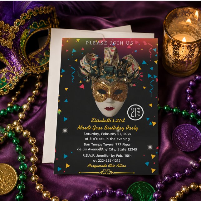 Invitation Masque de Mardi Gras Fête d'anniversaire 21 ans (Mardi Gras Mask 21st Birthday Party Invitation)