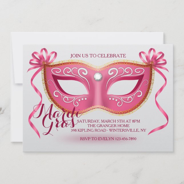 Invitation Masque de Mardi Gras Rose (Devant)