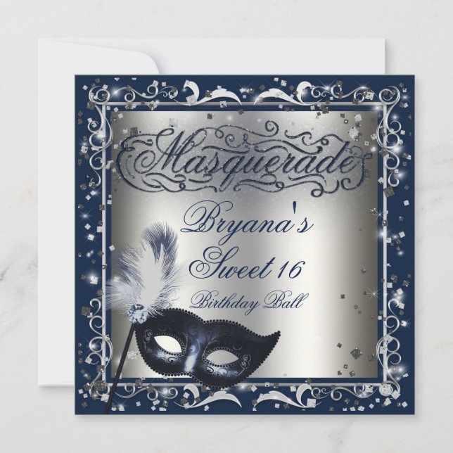 Invitation Masque de Mascarade Argent et Bleu Royal Fête d'An (Devant)
