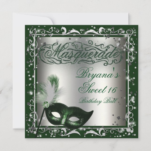 Invitation Masque de Mascarade Argent et Vert Fête d'Annivers (Devant)