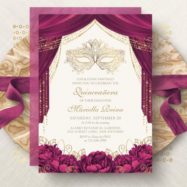 Invitation Masque de Mascarade Bourgogne Moderne Quinceanera (Créateur téléchargé)