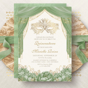 Invitation Masque de Mascarade Moderne Vert Sauge Quinceanera