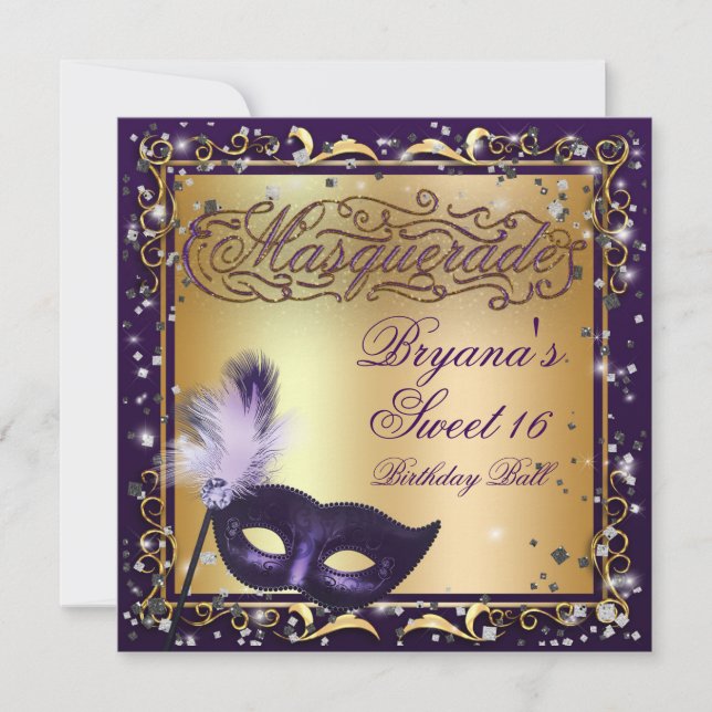 Invitation Masque de Mascarade Or et Violet Fête d'Anniversai (Devant)