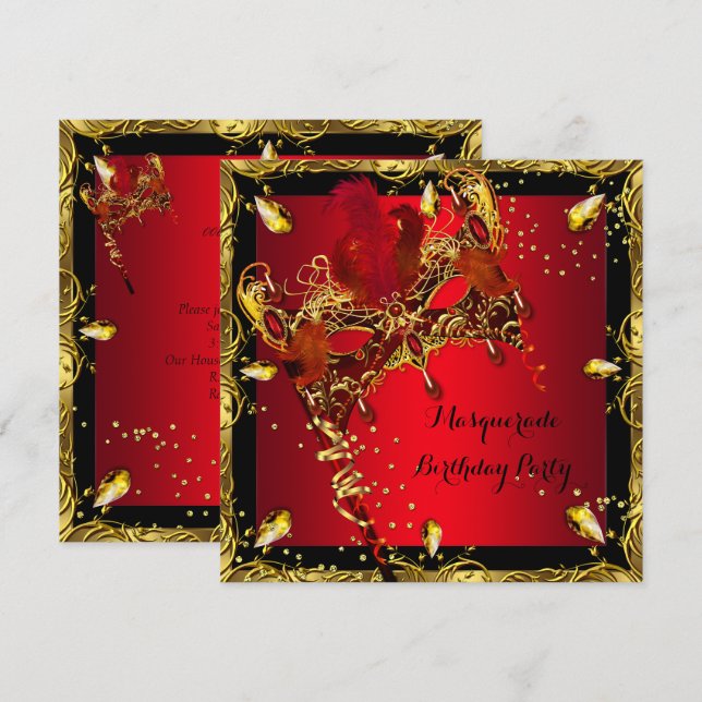 Invitation Masque de Mascarade Rouge Or Fête d'Anniversaire (Devant / Derrière)