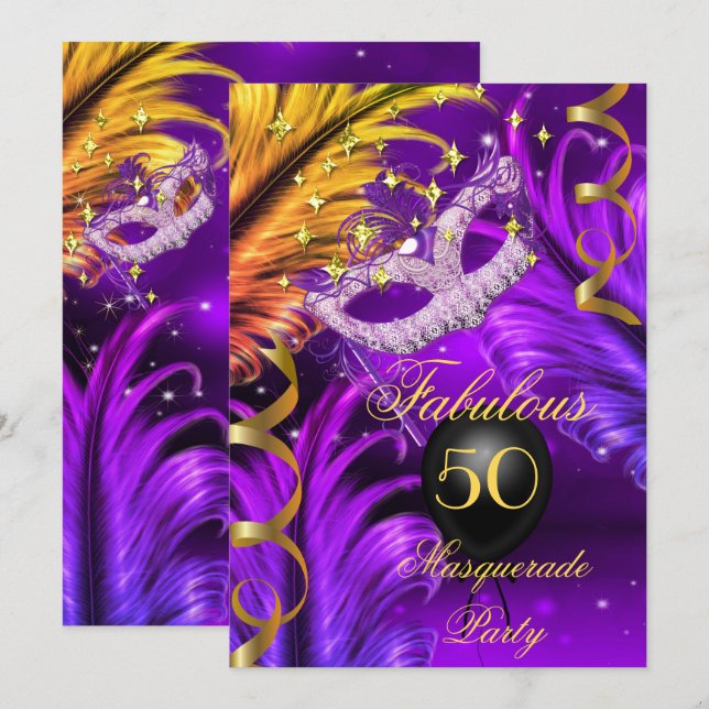 Invitation Masque de mascarade violet pour un anniversaire fa (Devant / Derrière)