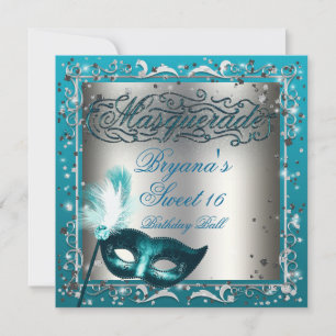 Invitation Masque de masquerade argent et sarcelle aqua Fête