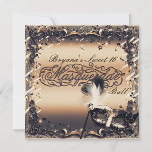 Invitation Masque de masquerade Bronze & Crème, Élégant Bal P