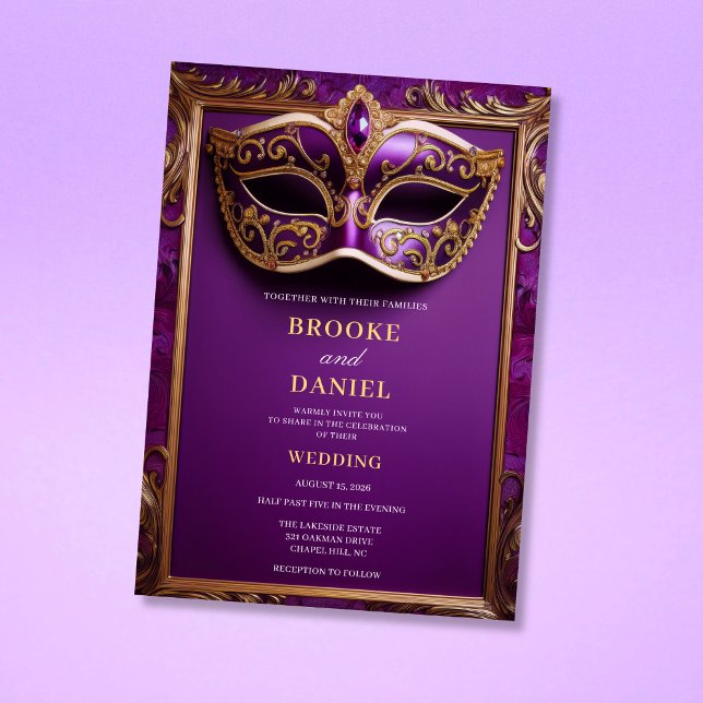 Invitation Masque de masquerade de mariage violet royal orné  (Créateur téléchargé)