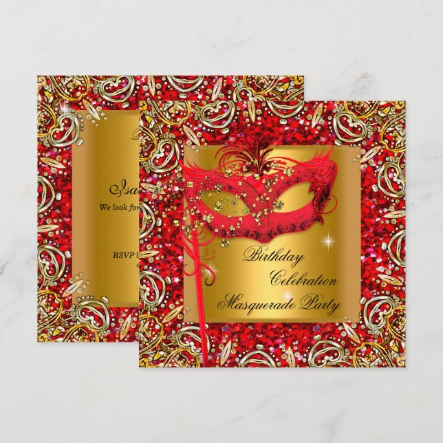 Invitation Masque de masquerade Masque doré Paillettes Rouge  (Devant / Derrière)