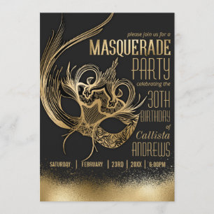 Invitation Masque de masquerade noir or élégant pour fête d'a
