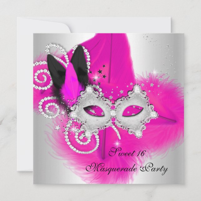 Invitation Masque de masquerade Sweet 16 rose chaud et noir à (Devant)