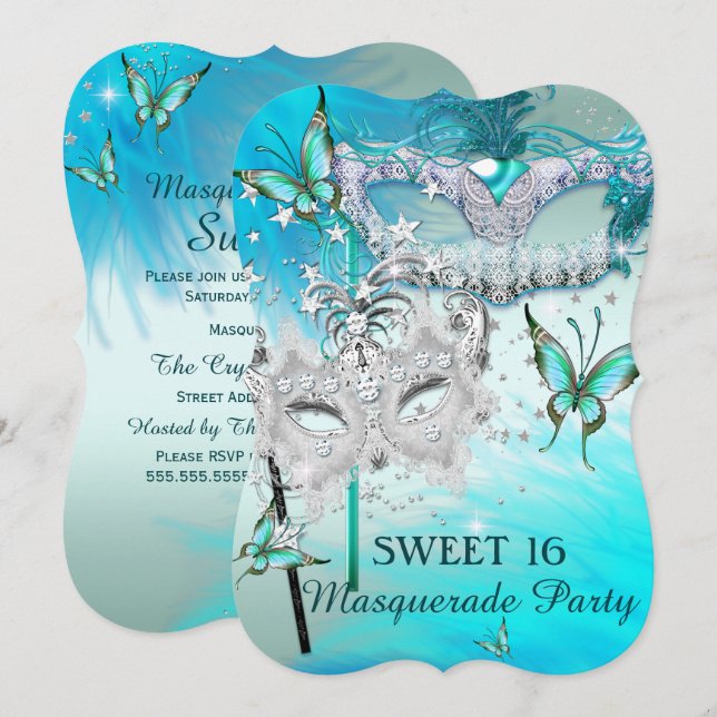 Invitation Masque de masquerade Sweet 16 sarcelle menthe diam (Devant / Derrière)