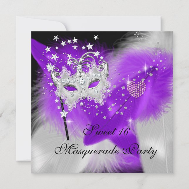 Invitation Masque de masquerade Sweet 16 Violet Blanc Plume (Devant)