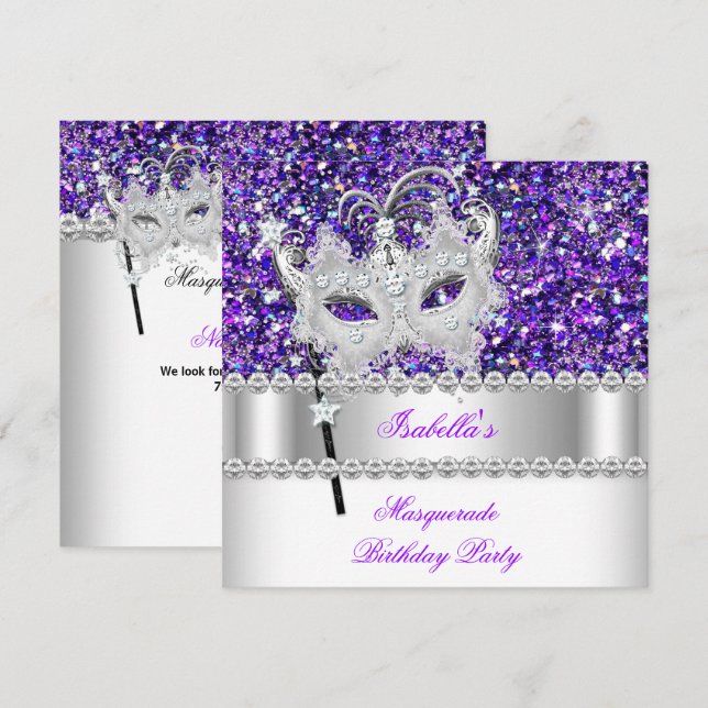 Invitation Masque de paillettes violettes pour bal masqué Mas (Devant / Derrière)