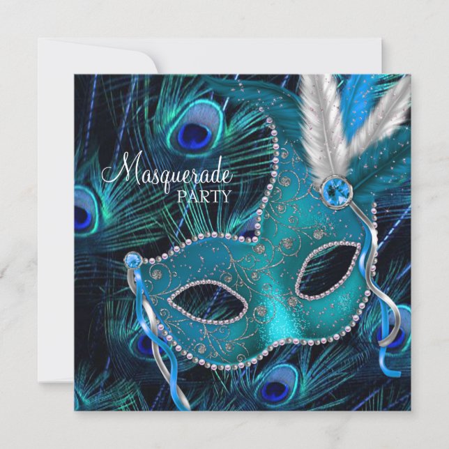 Invitation Masque de paon bleu sarcelle Fête masquée (Devant)