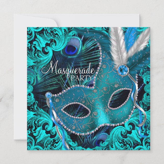 Invitation Masque de paon bleu sarcelle Fête masquée (Devant)