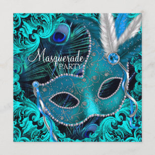 Invitation Masque de paon bleu sarcelle Fête masquée