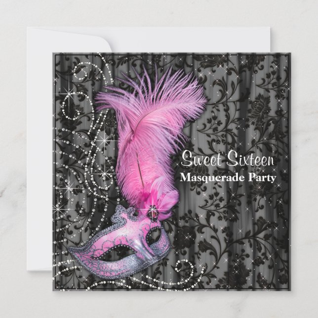 Invitation Masque de plumes rose Black Sweet 16 Masquerade Pa (Devant)