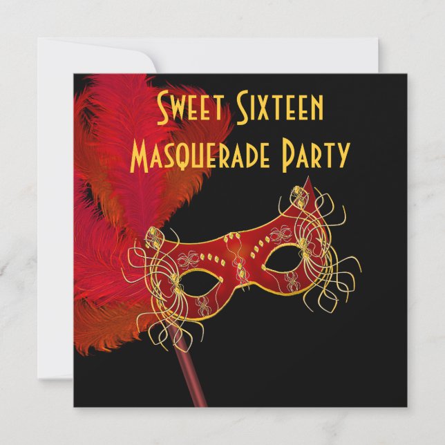 Invitation Masque de plumes rouge or Sweet 16 Masquerade Part (Devant)