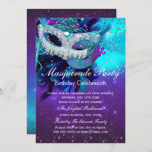 Invitation Masque de plumes violettes turquoises Anniversaire