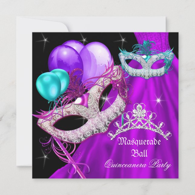 Invitation Masque de Quinceanera Mascarade Robe Violette (Devant)