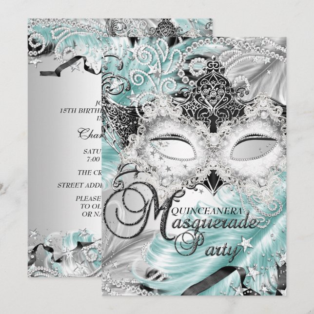 Invitation Masque de Quinceanera scintillant sarcelle argenté (Devant / Derrière)