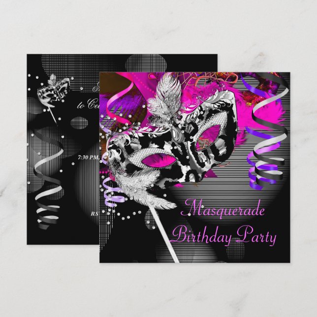 Invitation Masque de soirée masquée d'anniversaire Argent Ros (Devant / Derrière)